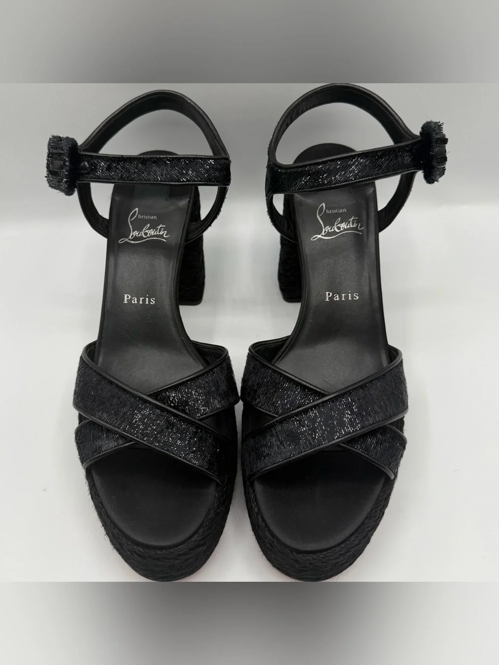 NIB Christian Louboutin Black Espadrille Calakala Platform Chunky 85 mm Heels